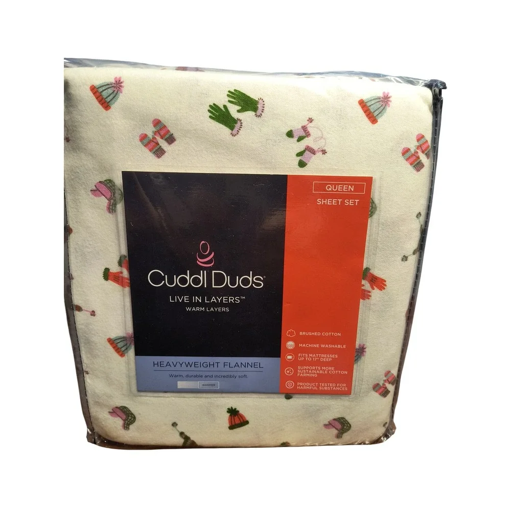 NWT Cuddl Duds‎ Queen Heavyweight Flannel Sheet Set Winter Hats Mittens Cream